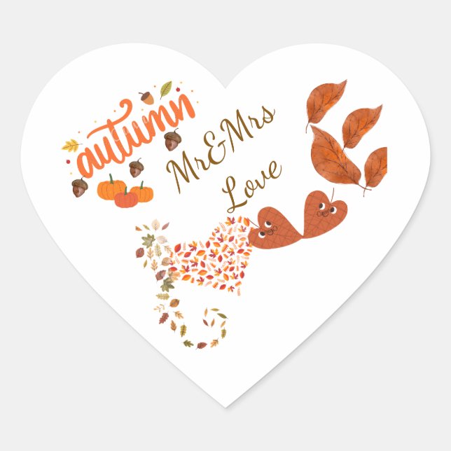Autocollants de mariage coeur Mr & Mrs Automne (Devant)