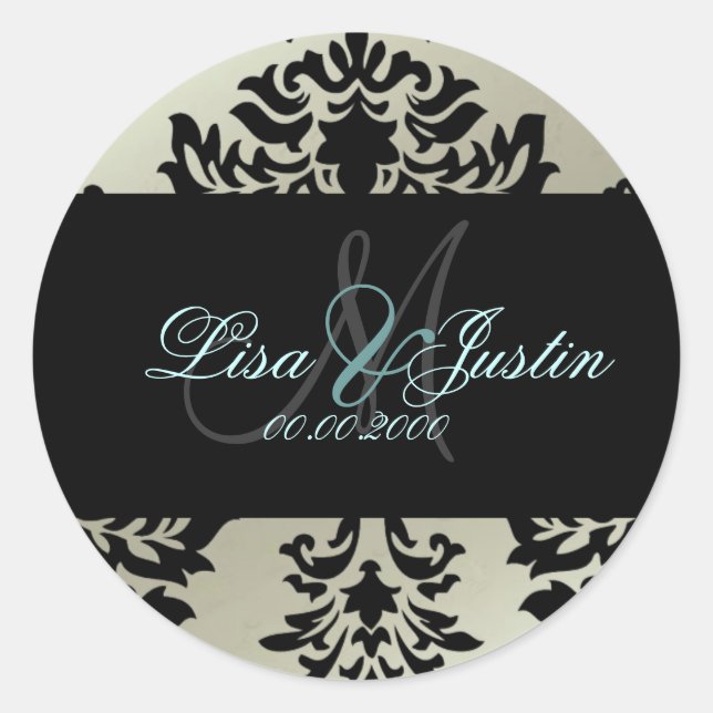 Autocollants de mariage Damask monogramme (Devant)