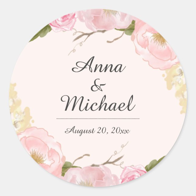 Autocollants de mariage floraux botaniques rose (Devant)