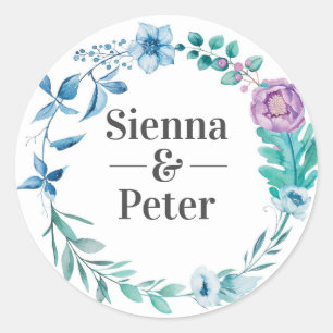 Autocollants de nom de mariage bleu violet