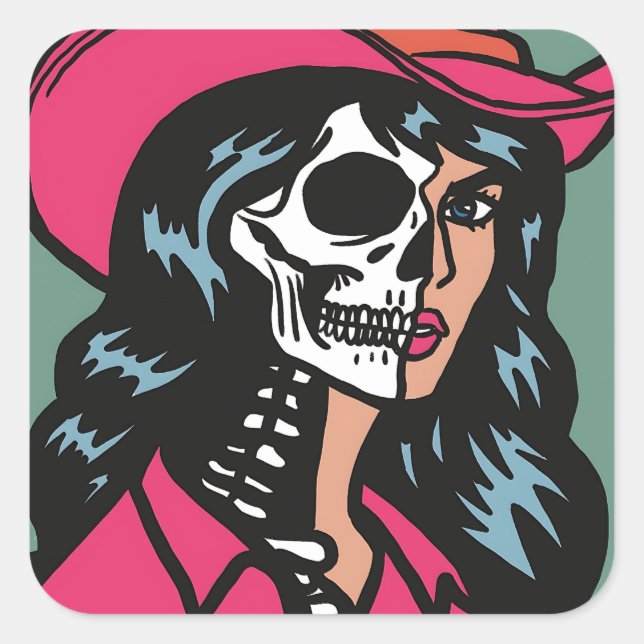 Autocollants Éffrayants demi-cowgirl demi-squelett (Devant)