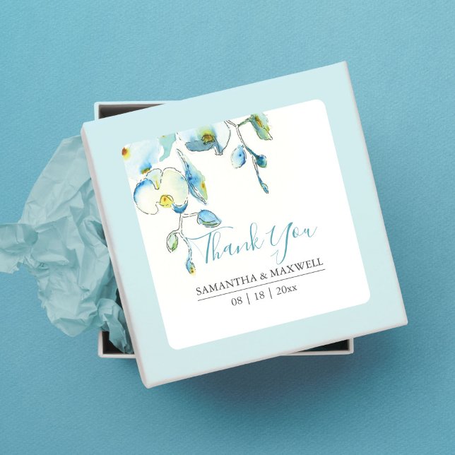 Autocollants Fleur d'Aquarelle Orchidée Bleue (Thank you stickers for favors blue watercolor orchids by Victoria Grigaliunas)