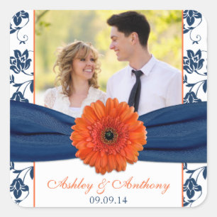 Autocollants Mariage damassé de la marine Orange G