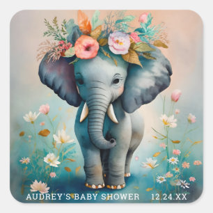 Autocollants pour Baby Shower Éléphant Gris Turquo