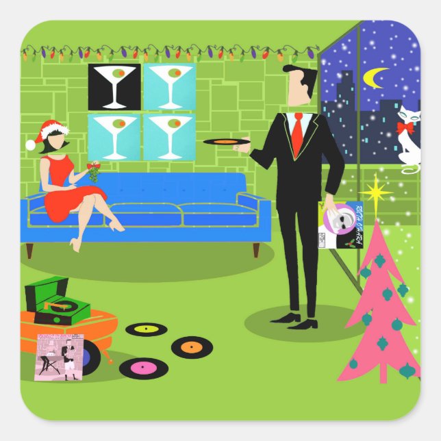 Autocollants rétro en couple de Noël urbain (Devant)