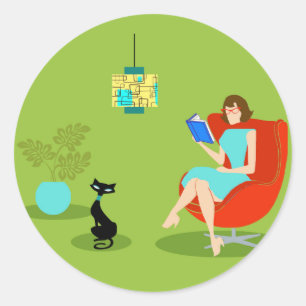 Autocollants ronds de rétro femme de lecture