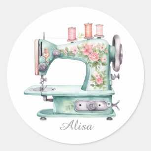 Autocollants Ronds Machine à Coudre Floral Bleu