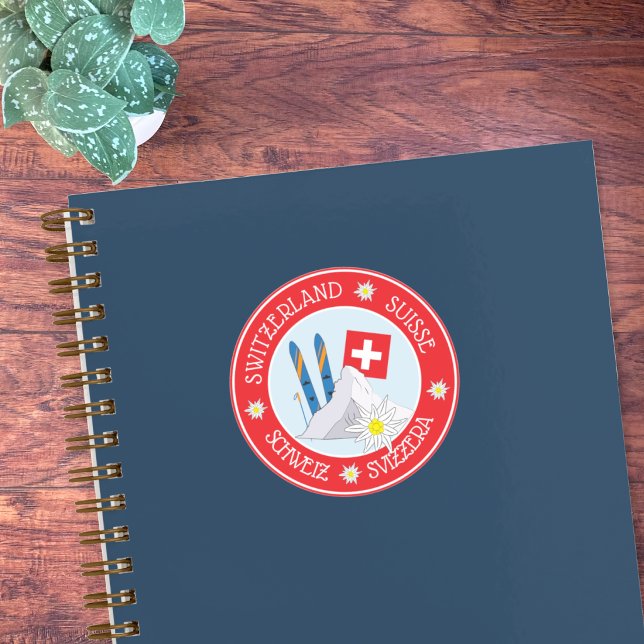 Autocollants Ronds Rouges Stéréotype Suisse (Swiss stereotype red and white round sticker on notebook .)