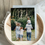 Autograph | Merry Christmas Vertical Photo Foil Holiday Card<br><div class="desc">Send holiday greetings to friends and family in chic style with our elegant photo cards. Design features your favourite vertical or portrait oriented photo with "Merry Christmas" overlaid across the top in shining gold foil hand lettered script. Personalize with your family name and the year.</div>