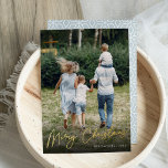 Autograph | Merry Christmas Vertical Photo Foil Holiday Card<br><div class="desc">Send holiday greetings to friends and family in chic style with our elegant photo cards. Design features your favourite vertical or portrait oriented photo with "Merry Christmas" overlaid in shining gold foil hand lettered script. Personalize with your family name and the year in the lower right corner.</div>