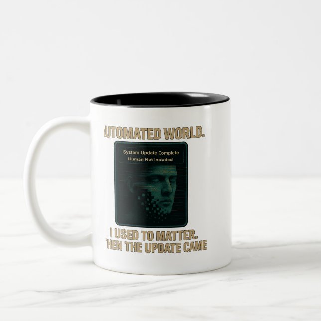 Automated World – AI Update Glitchcore Two-Tone Coffee Mug (Left)