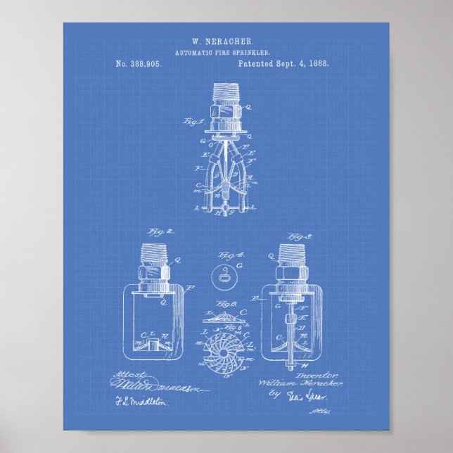 Automatic Fire Sprinkler 1888 Patent - Blueprint Poster (Front)
