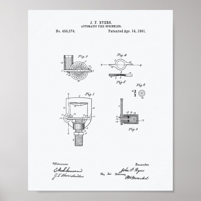 Automatic Fire Sprinkler 1891 Patent - White Paper Poster (Front)