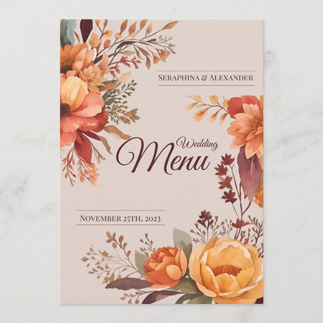 Automne Aquarelle Rustique Floral Mariage Menu (Devant)
