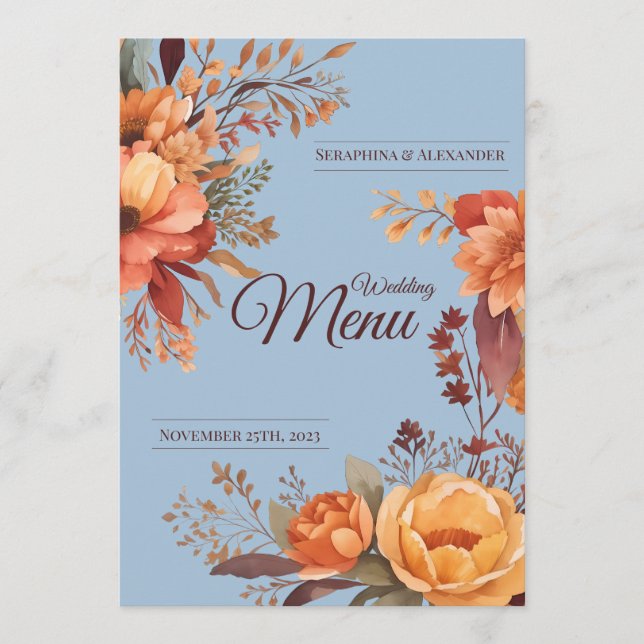 Automne Aquarelle Rustique Floral Mariage Menu (Devant)