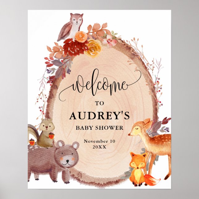 Automne Bois Animaux Baby shower Affiche de bienve (Devant)