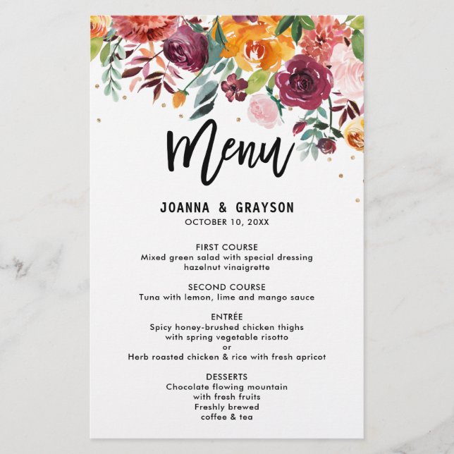 Automne Bourgogne Blush Floral Blossom menu Mariag (Devant)