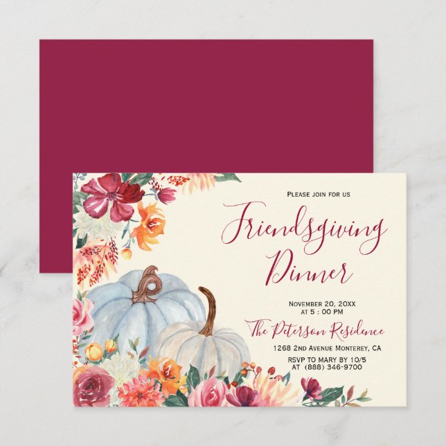 Automne Bourgogne Floral Friendsgiving Invitations (Devant / Derrière)