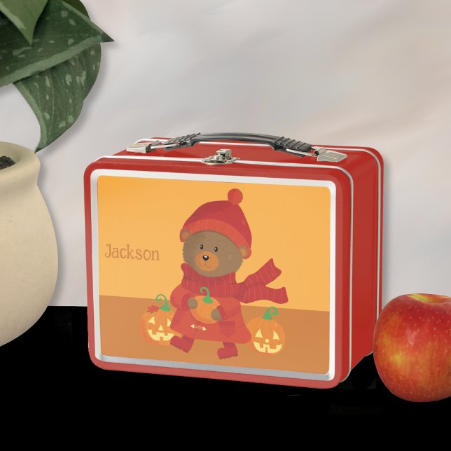 Automne Brown Ours Enfant Orange Métal Lunchbox (Brown bear kid lunch box with name .)