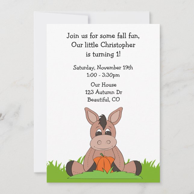 Automne Donkey 1er anniversaire Invitation (Devant)