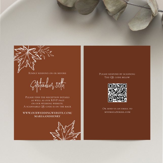 Automne Feuilles Mariage QR Code RSVP (Burgundy Fall wedding RSVP card with a scannable QR code. )
