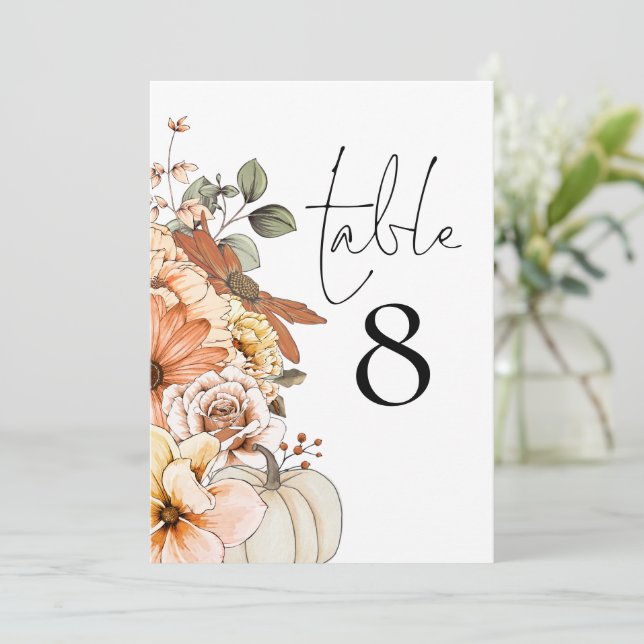 Automne Floral Citrouille Mariage Numéro de table (Debout devant)
