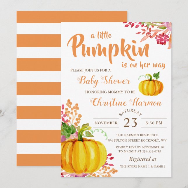 Automne Floral Little Citrouille Invitation Baby s (Devant / Derrière)
