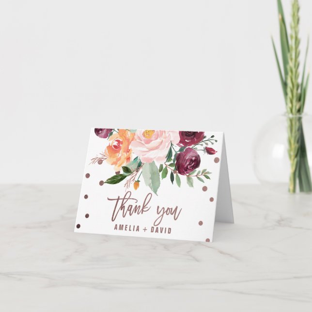 Automne Floral Rose Gold Carte de remerciements Lu (Devant)