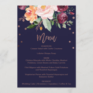 Automne Floral Rose Gold Dinner Carte Menu