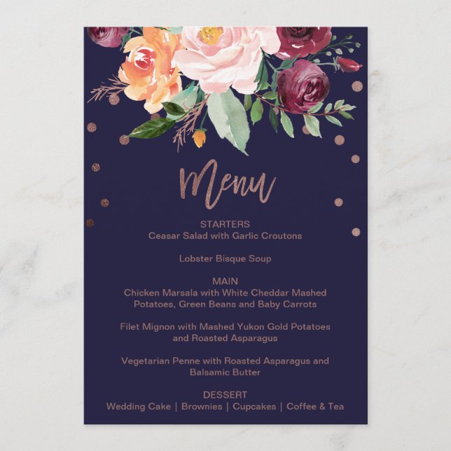 Automne Floral Rose Gold Dinner Carte Menu (Devant)