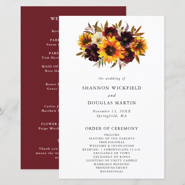 Automne Floral Sunflower Programme de mariage rust (Devant / Derrière)