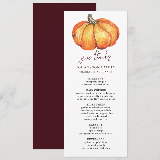 AUTOMNE ORANGE CITROUILLE THANKSGIVING DINNER MENU (Devant / Derrière)