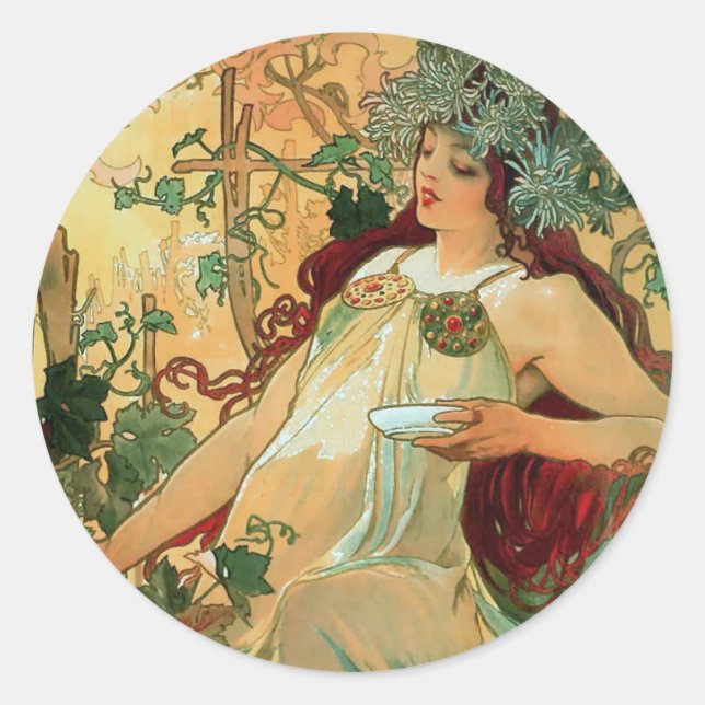 Automne par Alphonse Mucha Stickers Art Nouveau (Devant)