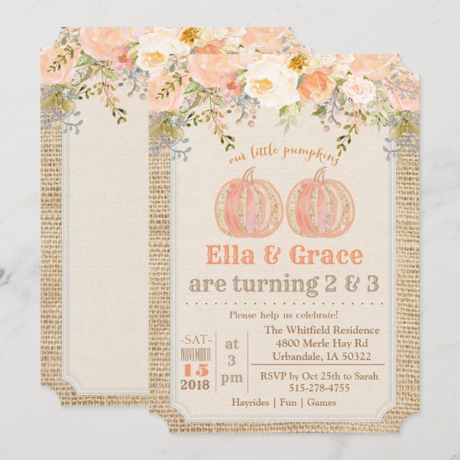Automne Sibling Dual Twin Invitation Anniversaire (Devant / Derrière)