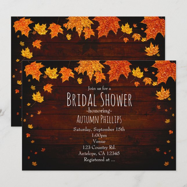 Automne Tirer Glittery Feuilles Invitations rustiq (Devant / Derrière)