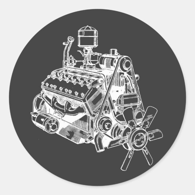 automobile car v 12 engine motor illustration art classic round sticker (Front)