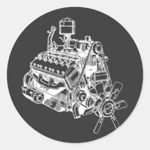 automobile car v 12 engine motor illustration art classic round sticker