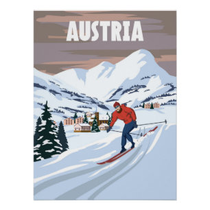 Autriche poster de station de ski, retro. Alpes hi