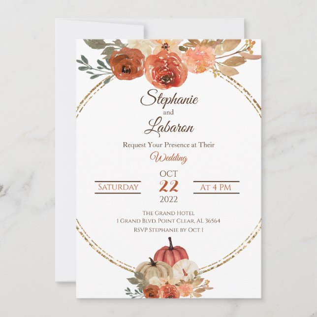Autum Floral Pumpkin Wedding  Invitation (Front)