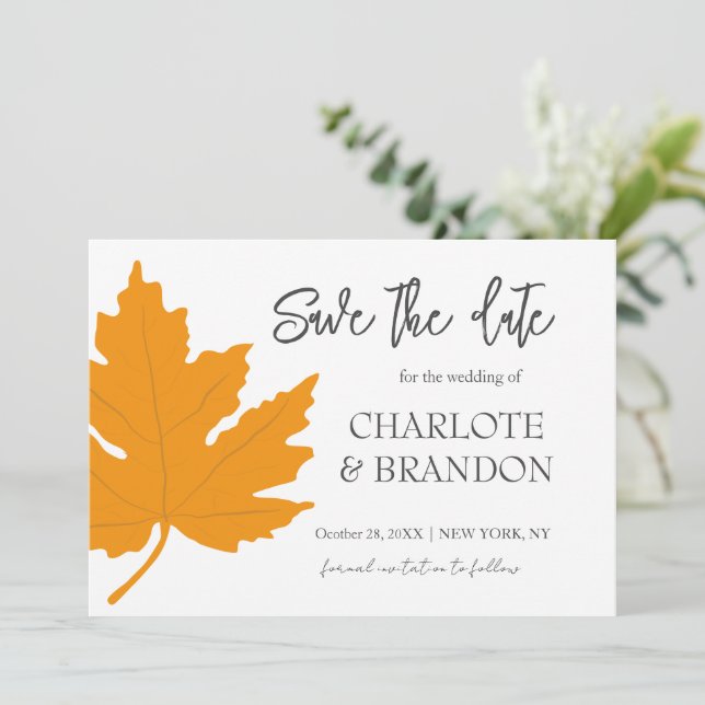 Autum Yelow Maple Leaf Wedding SaveThe Date Invitation (Standing Front)