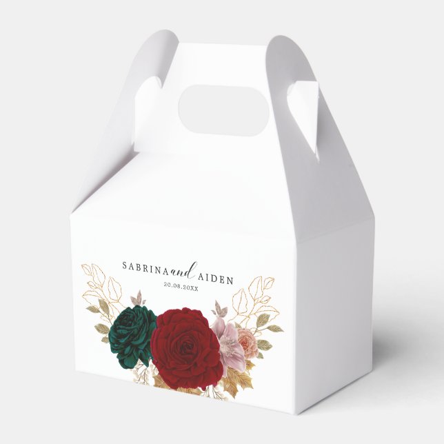 Autumanal Gold Burgundy Emerald Greeny Floral  Favor Box (Front Side)