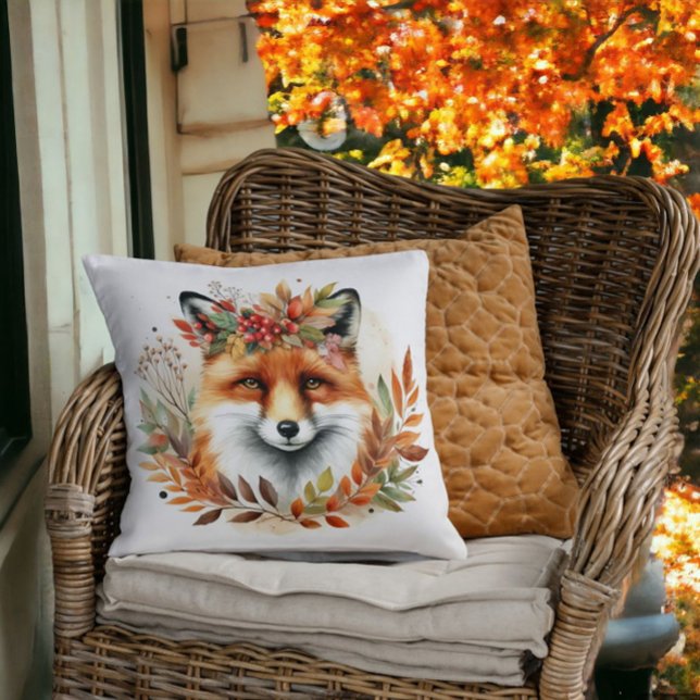 Autume Fall Themed Woodland Cute Fox Flower Wreath Throw Pillow (Creator Uploaded)