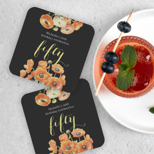 Autumn 50th Birthday Party Orange Floral Square Paper Coaster