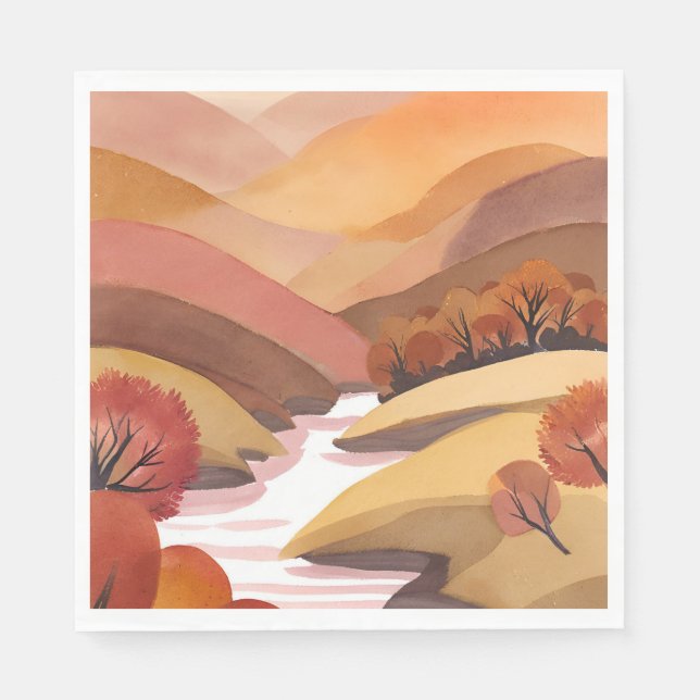 Autumn Abode | Fall Foliage Watercolor Landscape Napkin (Front)