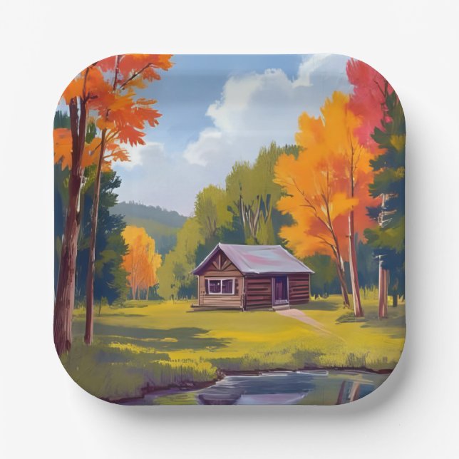 Autumn Abode Lakeside Cottage Paper Plate (Front)