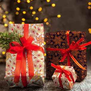 Autumn Abstract Flower Paisley Pattern Orange Fall Wrapping Paper Sheet