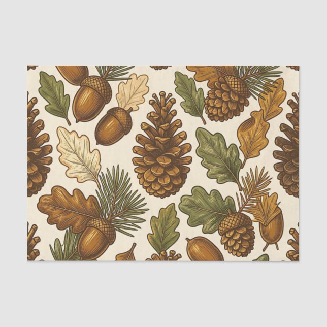 Autumn Acorn Pinecone Oak Leaf Pattern Tissue Paper (Front)