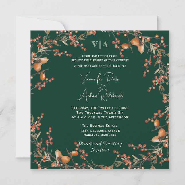 Autumn Acorn Wreath Emerald Wedding Invitation (Front)
