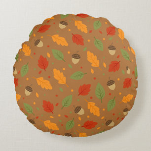 Autumn Acorns and Leaves Round Pillow