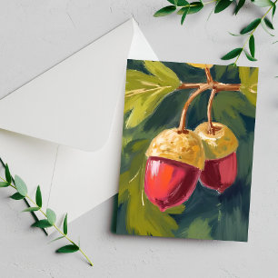 Autumn Acorns   Watercolor Fall Red Green Card